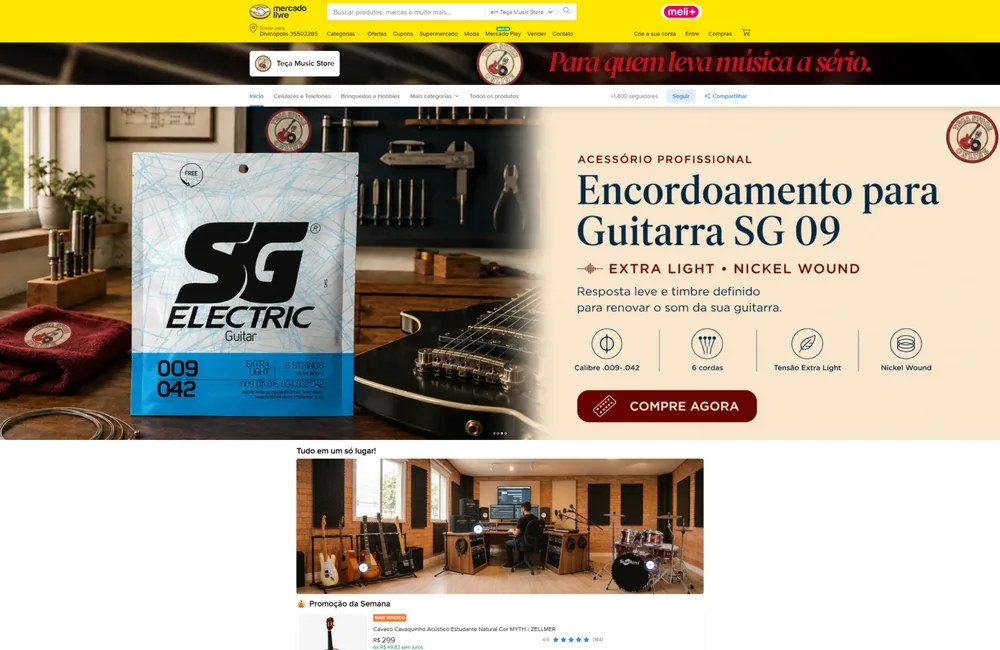 Prévia do projeto: Teça Music Store — Página da loja no Mercado Livre